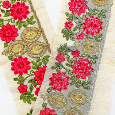 Beige Silk Fabric Trim, Green, Pink & Gold Floral Embroidery Indian Sari Border Trim By Yard Decorative Trim Craft Lace